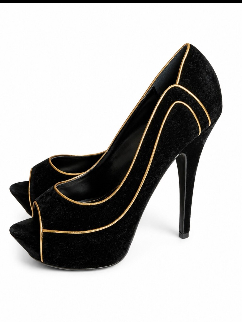 Liliana Black Velvet Peep-Toe Pumps with Gold Piping